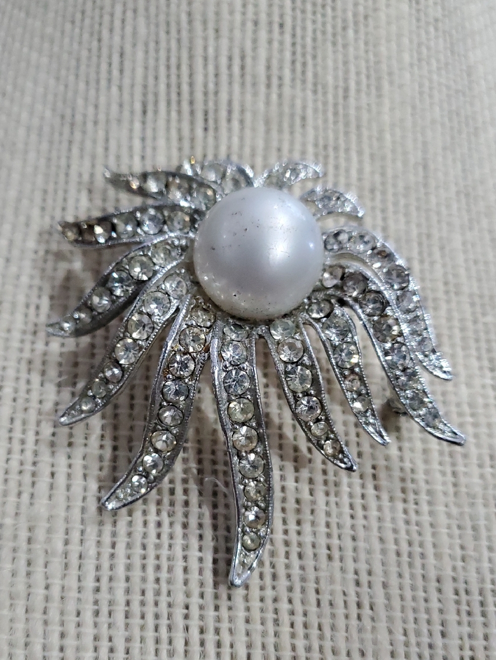 Silver Crystal Sunburst Brooch with White Pearl Center - Women Jewelry